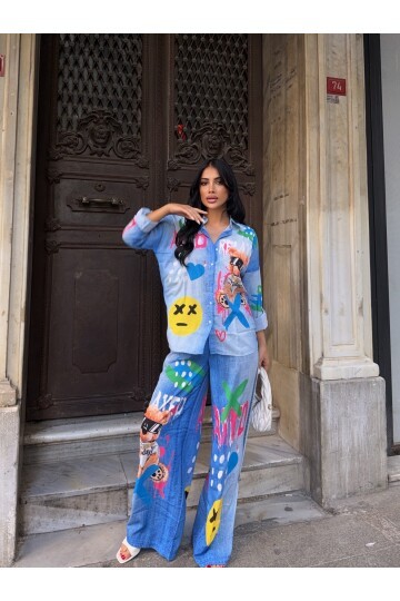 Baskılı Jean Efekt Gömlek Pantalon Takım