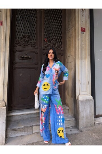 Baskılı Jean Efekt Gömlek Pantalon Takım
