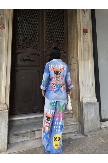 Baskılı Jean Efekt Gömlek Pantalon Takım