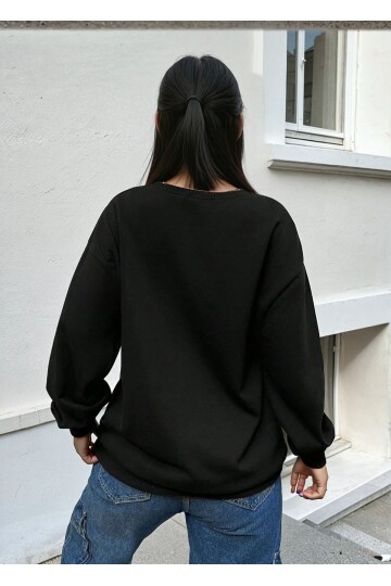 Baskılı Üç İplik Oversize Siyah Sweatshirt