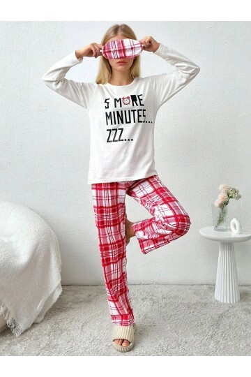 Baskılı Uzun Kollu Üst Kırmızı Kareli Pijama Takımı