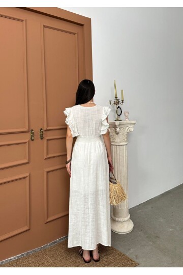 Beli Gipeli Beyaz Keten Elbise