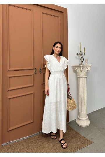 Beli Gipeli Beyaz Keten Elbise