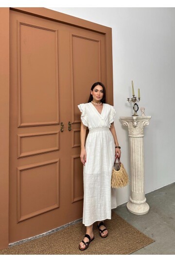 Beli Gipeli Beyaz Keten Elbise