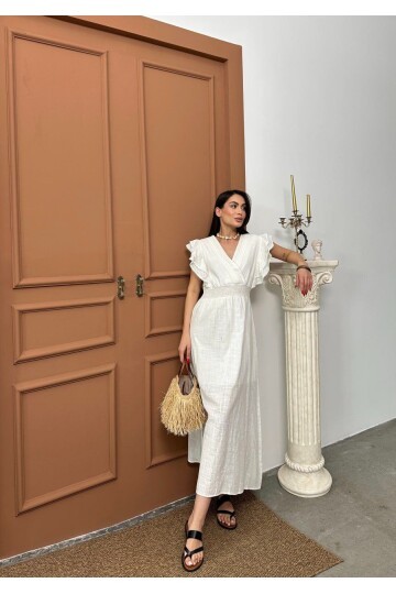 Beli Gipeli Beyaz Keten Elbise