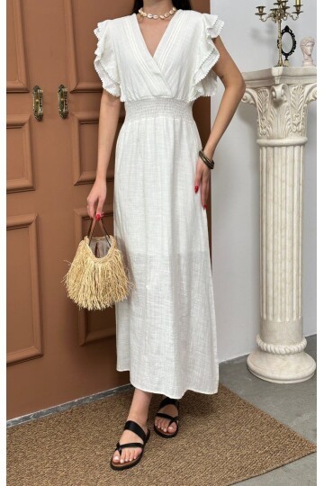 Beli Gipeli Beyaz Keten Elbise
