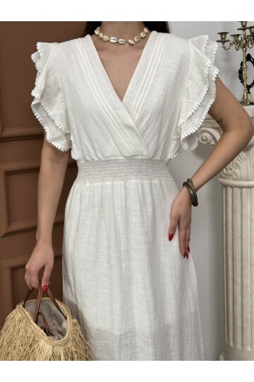 Beli Gipeli Beyaz Keten Elbise