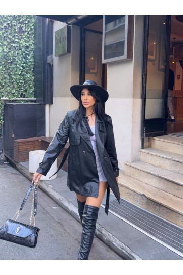 Beli Kuşaklı Düğmeli Ara Boy Deri Ceket