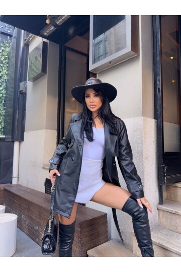 Beli Kuşaklı Düğmeli Ara Boy Deri Ceket