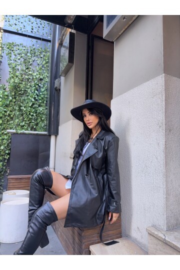 Beli Kuşaklı Düğmeli Ara Boy Deri Ceket