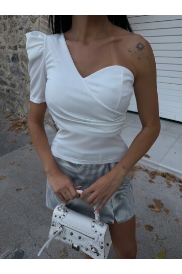 Beyaz Tek Omuz Prenses Kol Crep Bluz