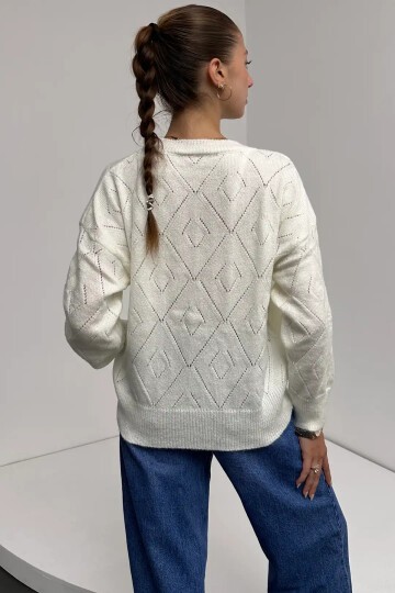 Bisiklet Yaka Baklava Desenli Triko Kazak Ekru