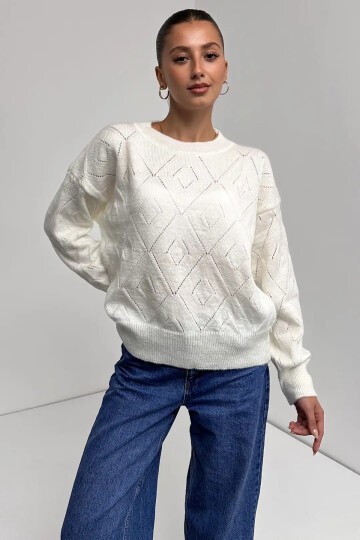 Bisiklet Yaka Baklava Desenli Triko Kazak Ekru