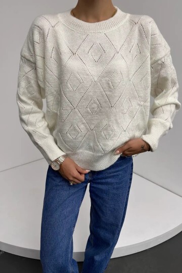 Bisiklet Yaka Baklava Desenli Triko Kazak Ekru