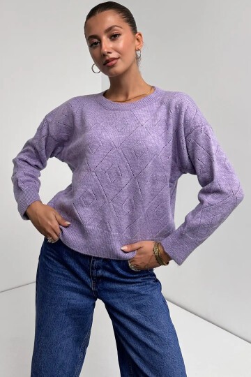 Bisiklet Yaka Baklava Desenli Triko Kazak Mor