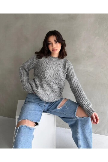 Bisiklet Yaka Bürümcük Detaylı Triko Kazak Gri