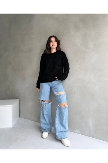 Bisiklet Yaka Bürümcük Detaylı Triko Kazak Siyah