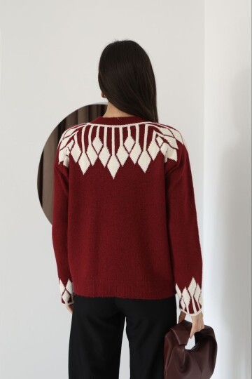 Bisiklet Yaka Desenli Triko Kazak Bordo