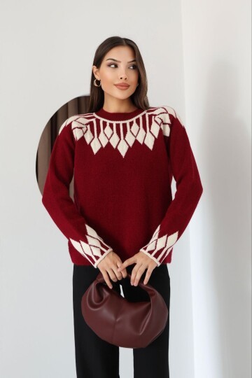 Bisiklet Yaka Desenli Triko Kazak Bordo