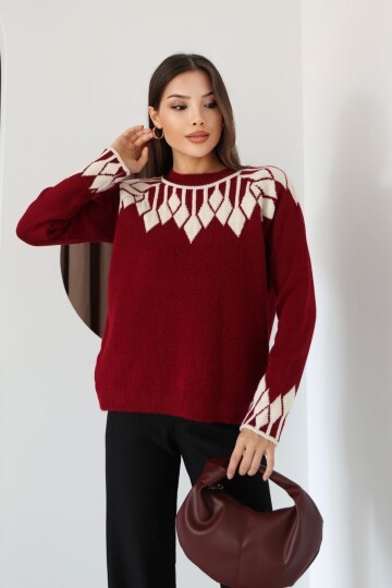 Bisiklet Yaka Desenli Triko Kazak Bordo