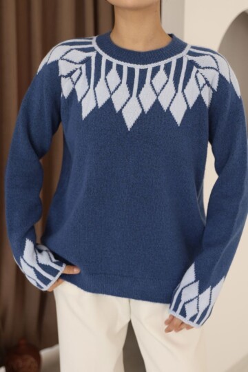 Bisiklet Yaka Desenli Triko Kazak Mavi