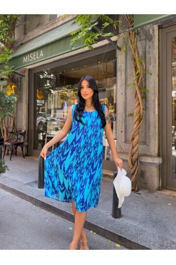 Bisiklet Yaka Desenli Viskon Elbise