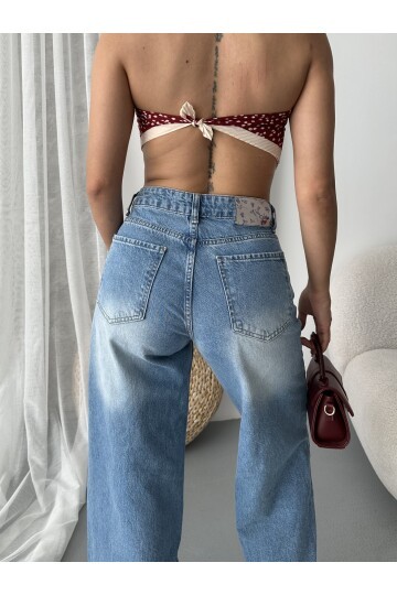Bol Cepli Geniş Paça Yıkamalı Kot Pantolon