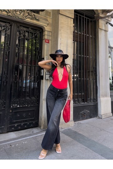 Bol Paça Yüksek Bel Siyah Kot Pantalon