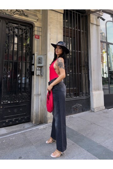 Bol Paça Yüksek Bel Siyah Kot Pantalon