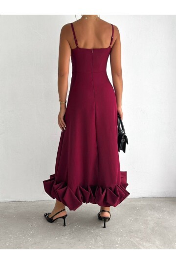 Bordo İthal Dabıl Kumaş Eteği Fırfırlı Elbise