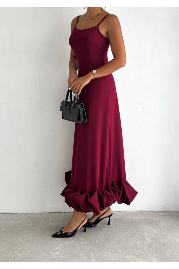 Bordo İthal Dabıl Kumaş Eteği Fırfırlı Elbise