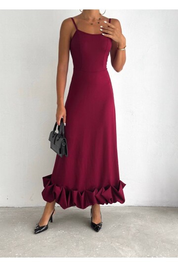 Bordo İthal Dabıl Kumaş Eteği Fırfırlı Elbise