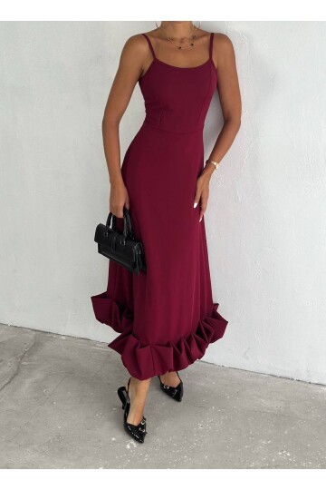 Bordo İthal Dabıl Kumaş Eteği Fırfırlı Elbise