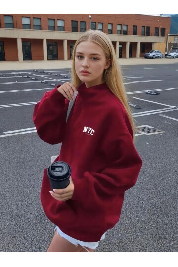Bordo NYC Fermuarlı Üç İplik Oversize Sweatshirt