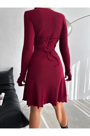 Bordo Sırt Detay Kaşkorse Elbise