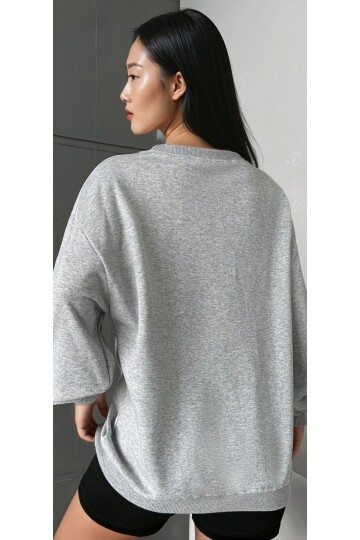 Boston Baskılı Gri Oversize Üç İplik Kadın Sweatshirt
