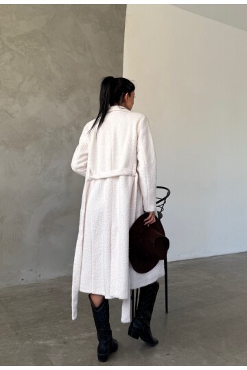 Buklet Kumaş Kuşaklı Mont Ekru