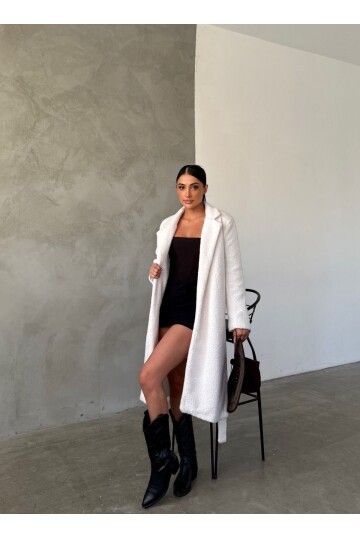 Buklet Kumaş Kuşaklı Mont Ekru