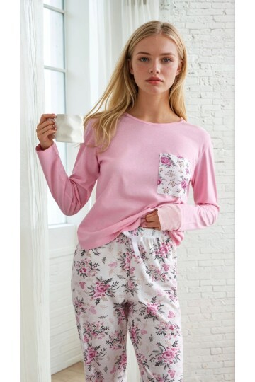 Cep Detay Çiçek Desen Uzun Kollu Pijama Takımı