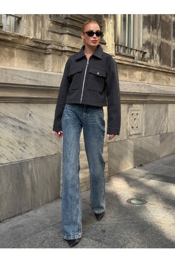 Cep Detay Kaşe Ceket Gri