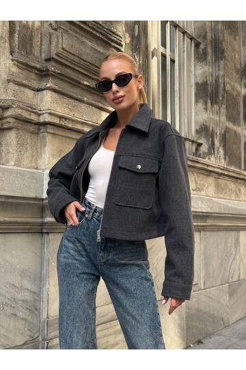 Cep Detay Kaşe Ceket Gri