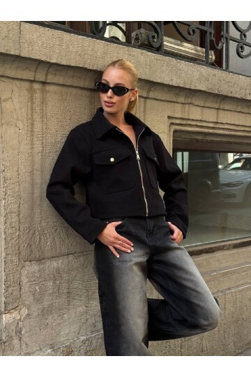 Cep Detay Kaşe Ceket Siyah