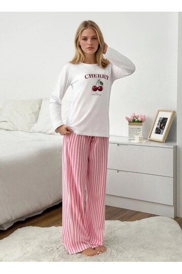 Cherry Baskılı Çizgili Kadın Pijama Takımı