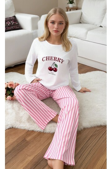 Cherry Baskılı Çizgili Kadın Pijama Takımı