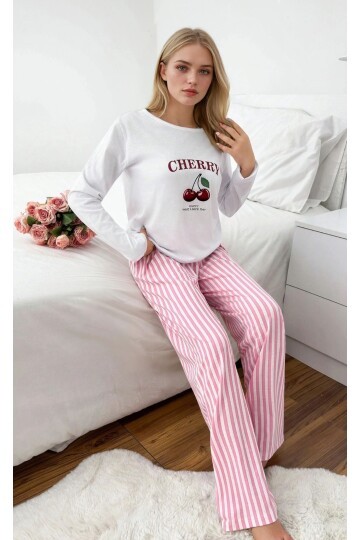 Cherry Baskılı Çizgili Kadın Pijama Takımı