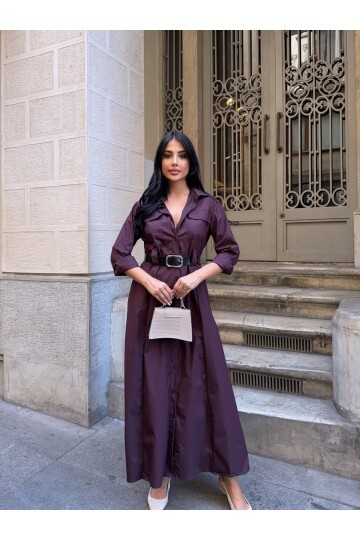 Çift Cep Detay Gömlek Elbise Mürdüm