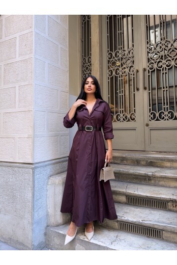 Çift Cep Detay Gömlek Elbise Mürdüm