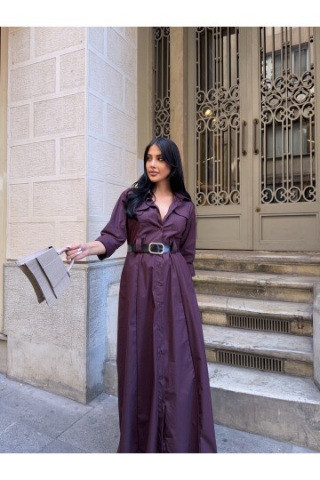 Çift Cep Detay Gömlek Elbise Mürdüm