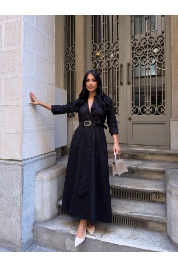 Çift Cep Detay Gömlek Elbise Siyah