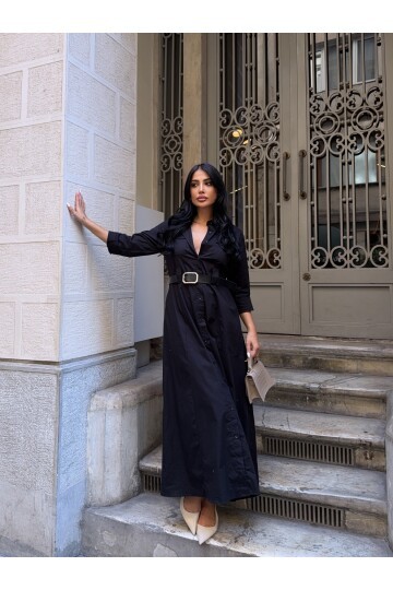 Çift Cep Detay Gömlek Elbise Siyah